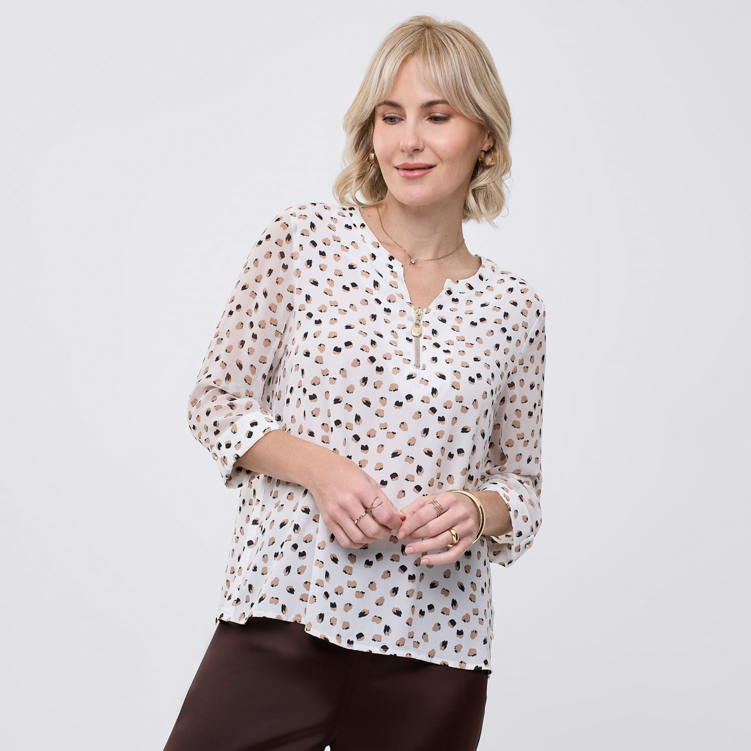 Blusa Mujer Zip Zafin Manga 3/4 Hueso S