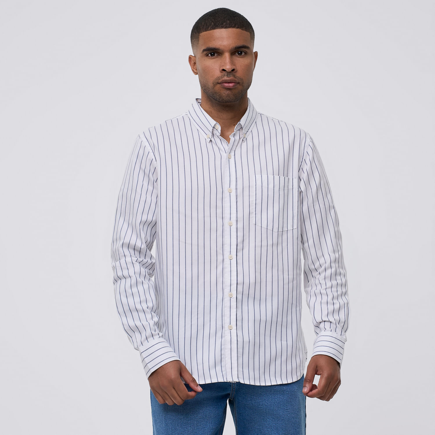Camisa Manga Larga Hombre Rayas Bolsillo Malabar Blanco Talla S