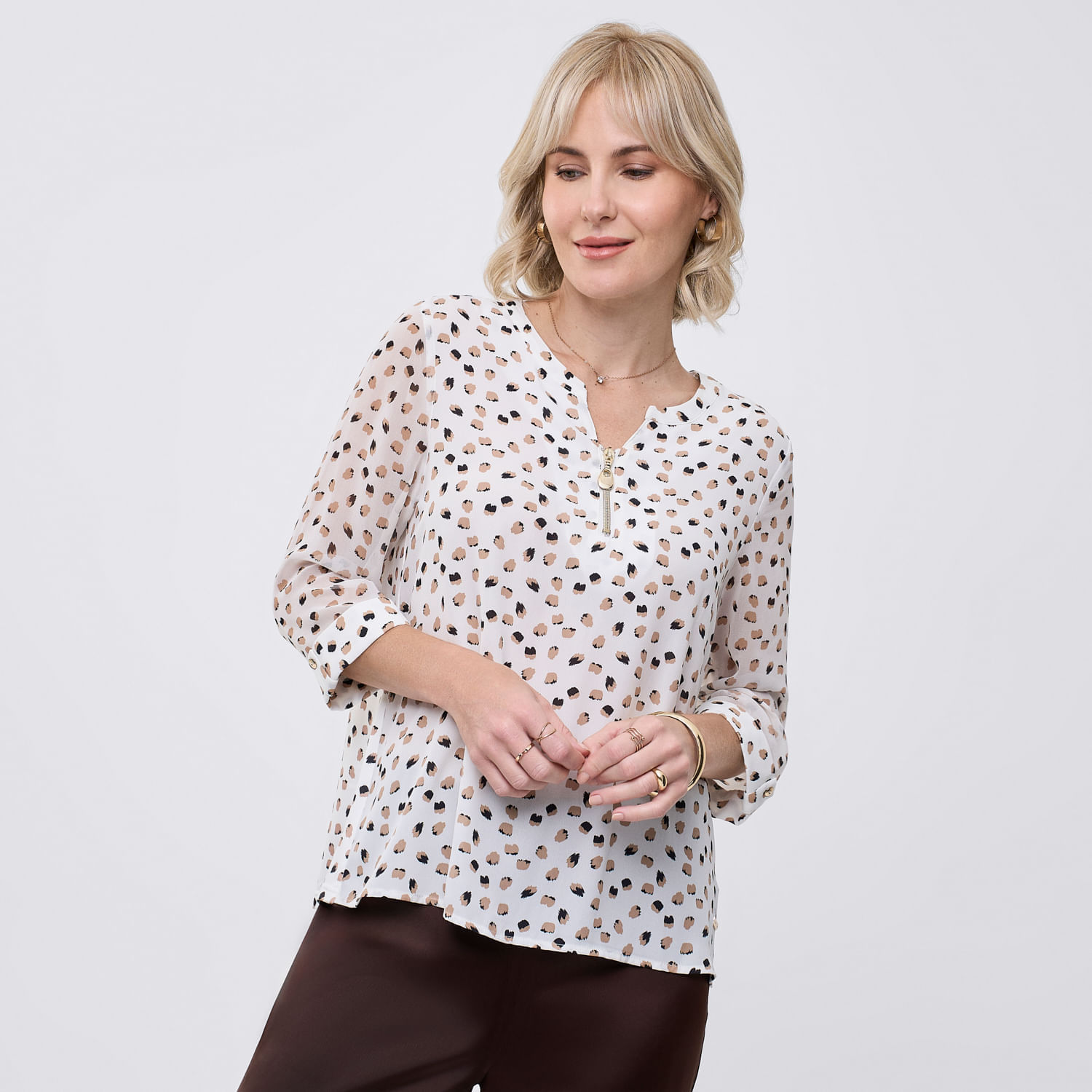Blusa Mujer Zip Zafin Manga 3/4 Hueso Xl