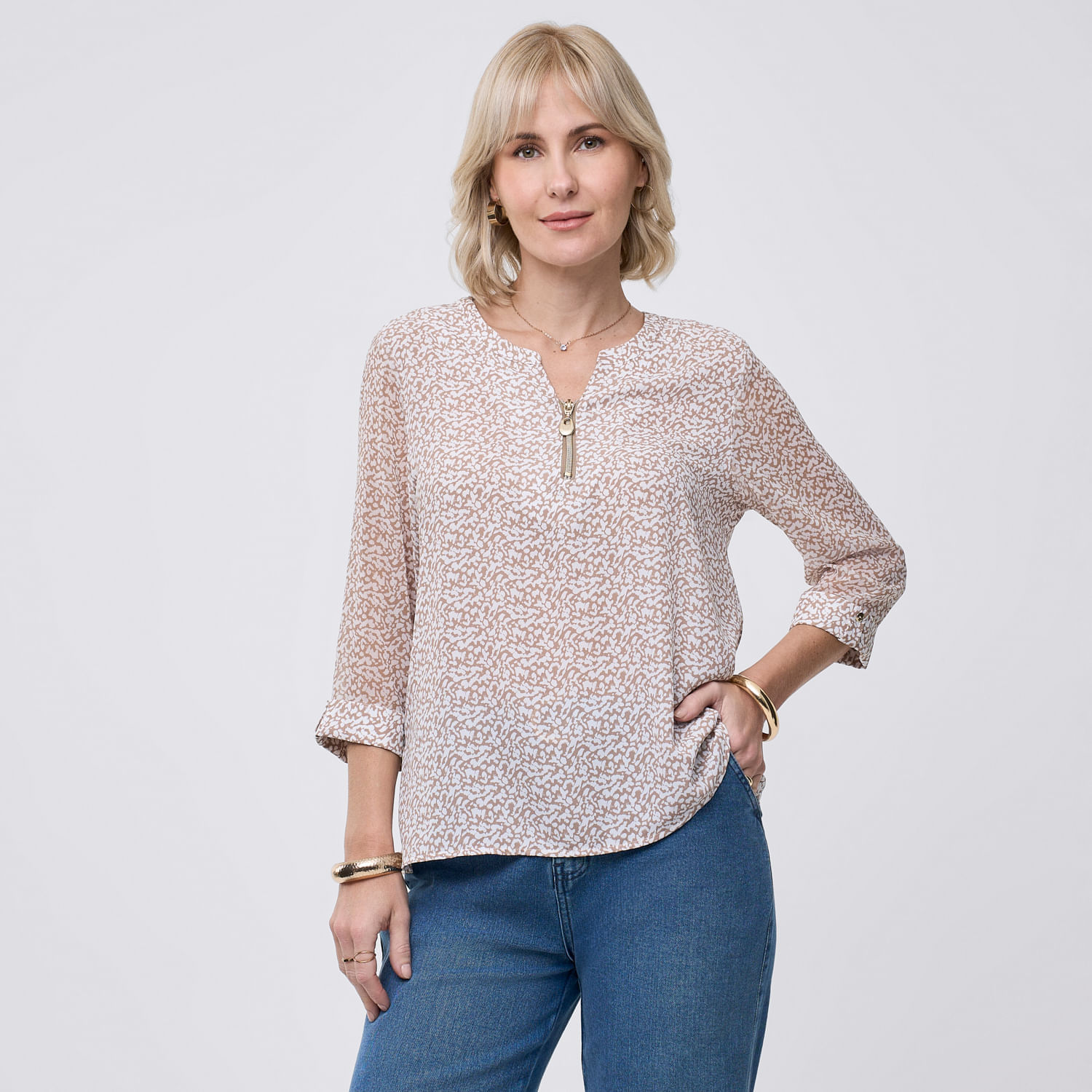 Blusa Mujer Zip Zafin Manga 3/4 Beige L