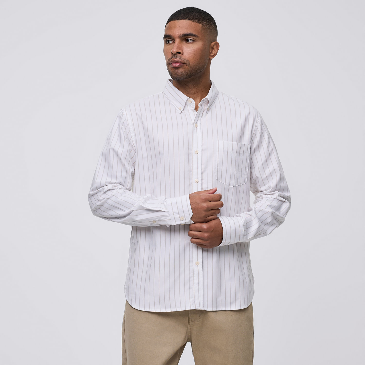 Camisa Manga Larga Hombre Rayas Bolsillo Malabar Beige Talla S