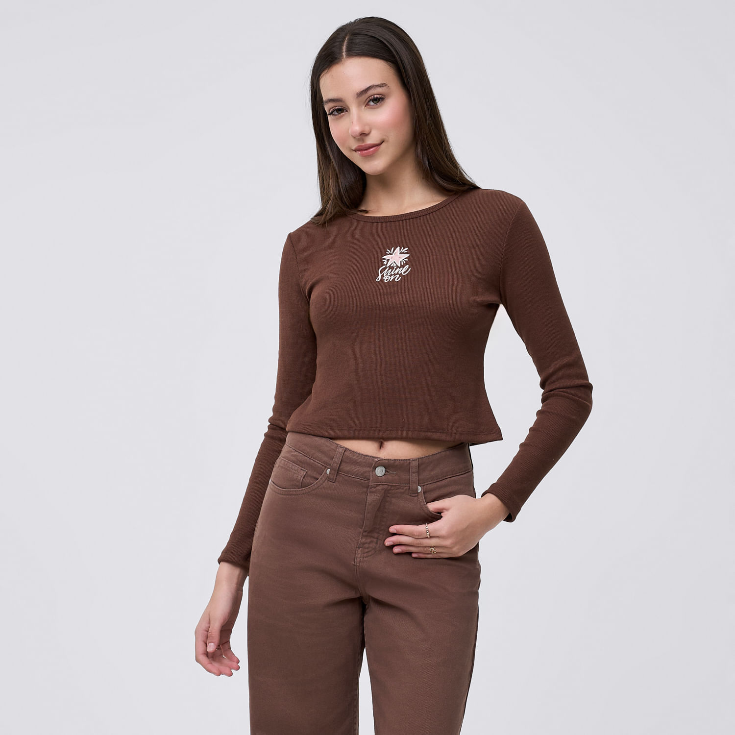 Polo Mujer Bordado Amc Manga Larga Marrón L