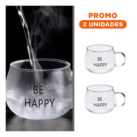 Pack2 Copa 350 ML Transparente de Vidrio con Frase Be Happy con Presencia YRegalo Sticker
