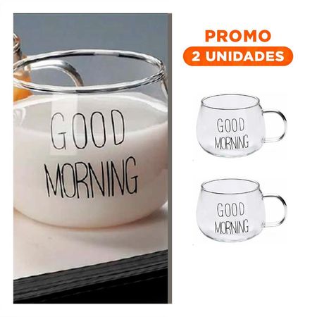 Pack2 Copa 350 ML Transparente de Vidrio con Frase Good Morning con Presencia YRegalo Sticker