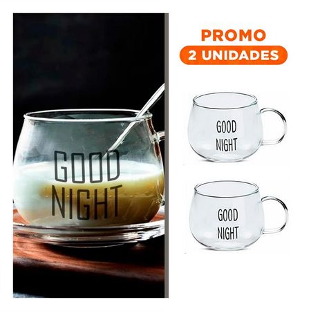 Pack2 Copa 350 ML Transparente de Vidrio con Frase Good Night con Presencia Y Regalo Sticker
