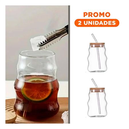 Pack2 Vaso de vidrio 500ml tapa y sorbete transparente estilo curvas practico Y Regalo Sticker