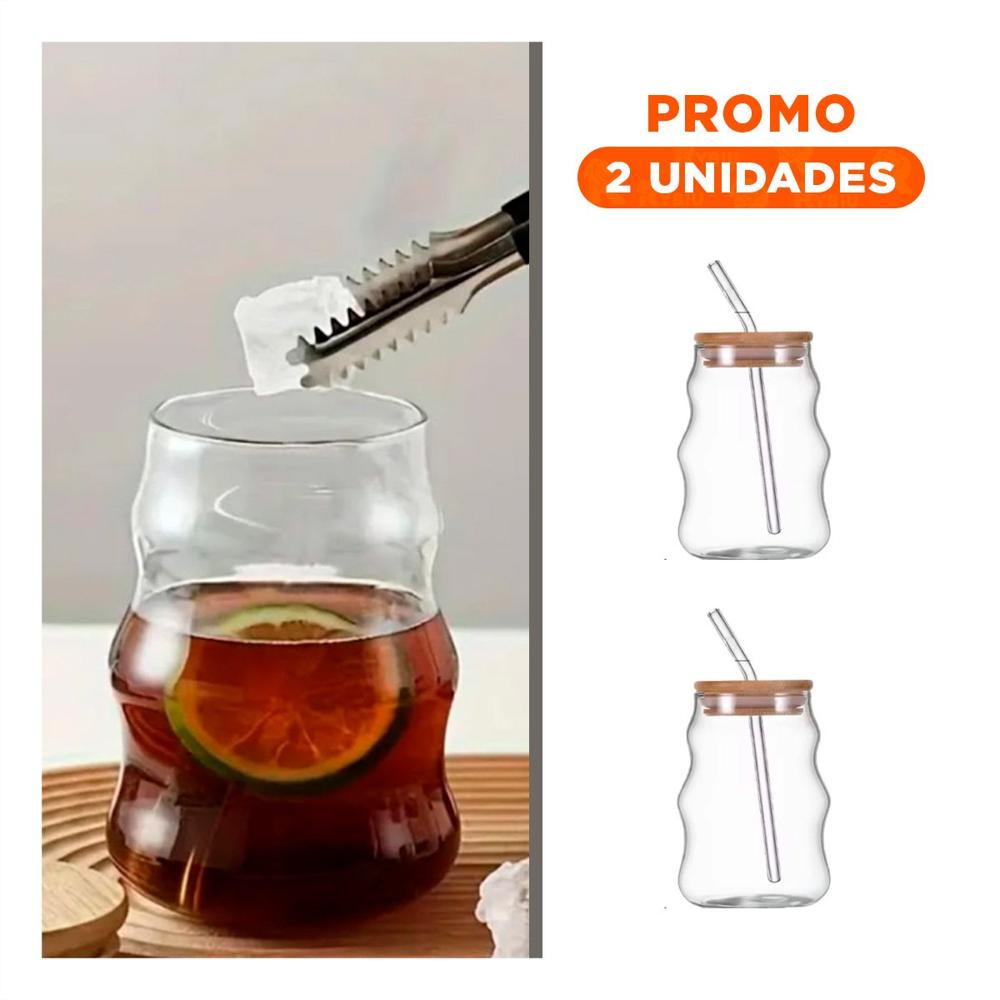 Pack2 Vaso de vidrio 500ml tapa y sorbete transparente estilo curvas practico Y Regalo Sticker