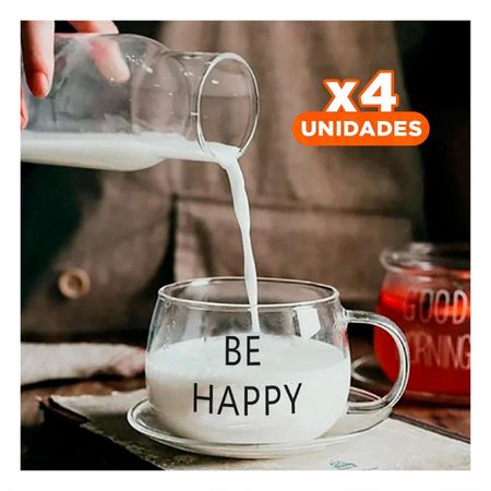 Pack4 Jarro 350 ML Vidrio Transparente con Mensaje Be Happy Elegante YRegalo Sticker