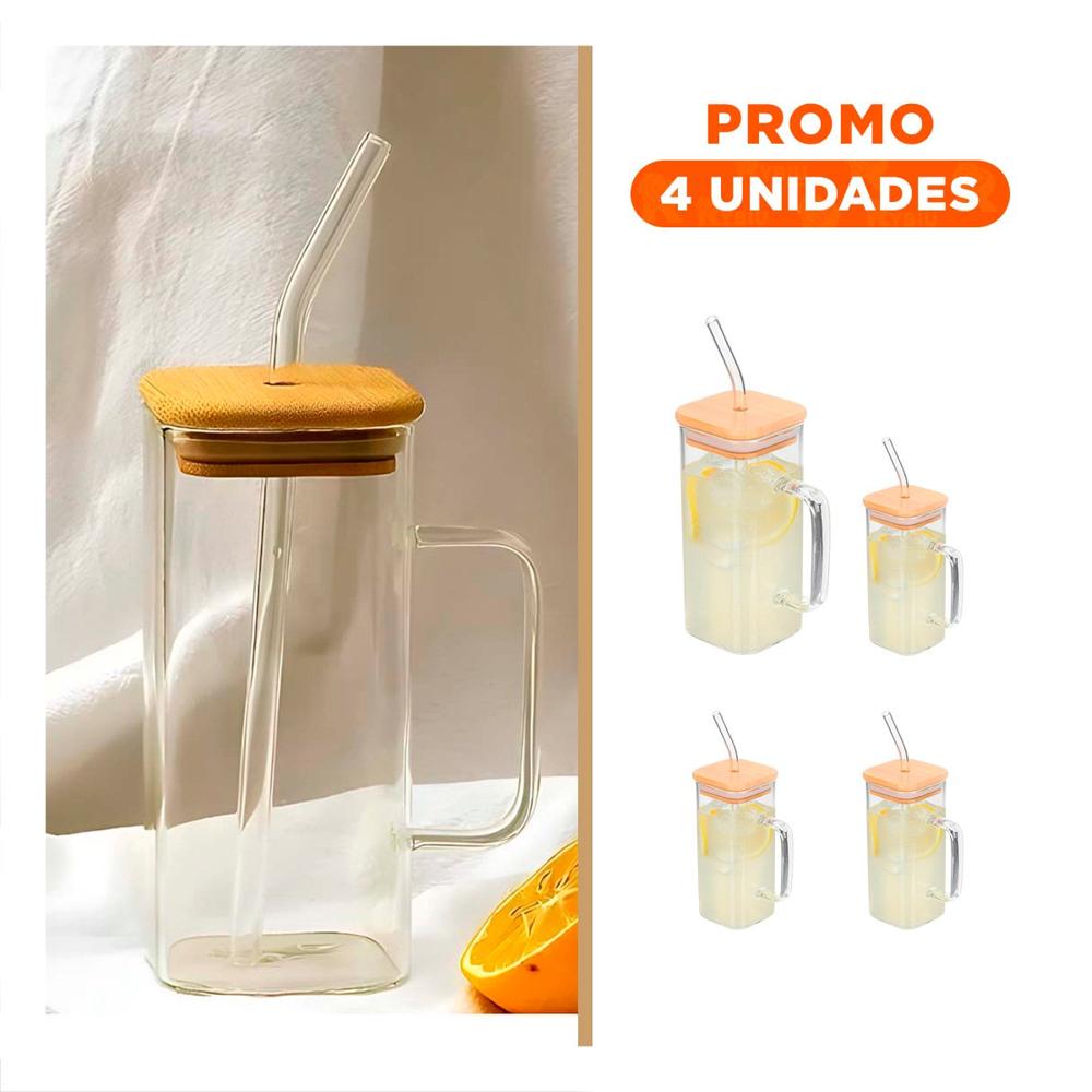 Pack4 Jarro Practico 350 ml de Vidrio con Asa Tapa y Sorbete