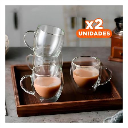 Pack2 Copa con Espresso Doble Capa 100 ML en Color Transparente Asa Circular Y Papel Regalo