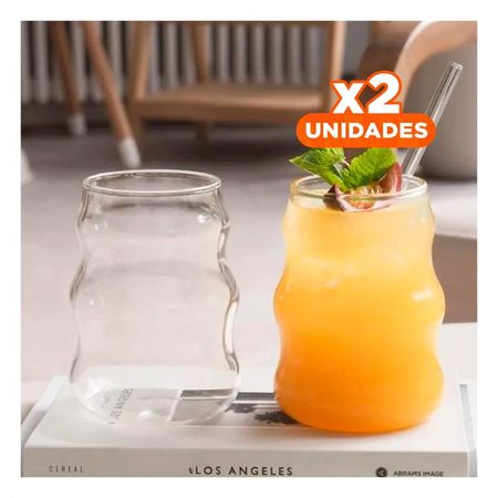 Pack2 Vaso de vidrio 500ml tapa y sorbete transparente estilo curvas elegante Y Papel Regalo