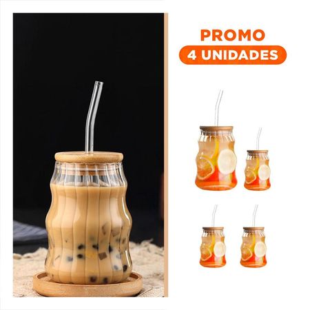 Pack4 Botella Rayada de Vidrio 500 ml con Tapa y Sorbete Transparente