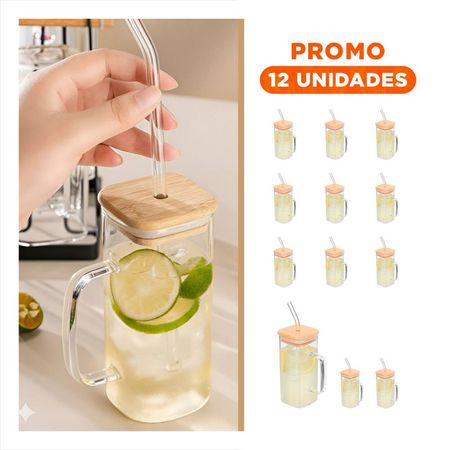 Pack12 Recipiente de Vidrio 350 ml Transparente con Asa y Sorbete Recto