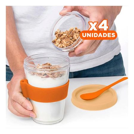 Pack4 Taza 350 Ml Anaranjado para Yogurt Cremoso y Cereal Matutino Y Regalo Sticker