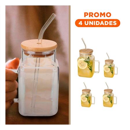 Pack4 Jarro Moderno 500ml de Vidrio con Asa Tapa Ajustada y Sorbete