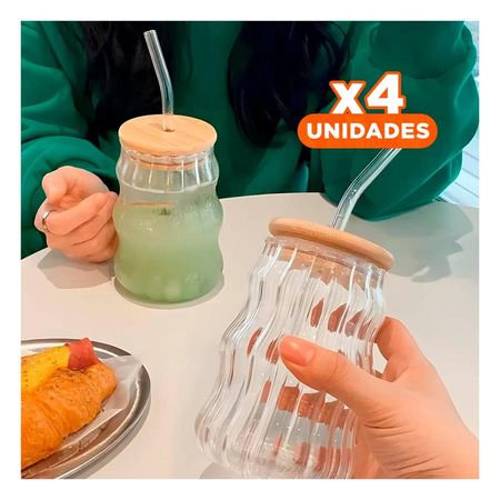 Pack4 Botella Personal 500 ml de Vidrio con Tapa Practica y Sorbete Y Papel Regalo