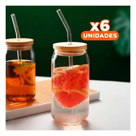 Pack6 Recipiente transparente de vidrio 500ml con tapa y sorbete recto Yc apel Regalo