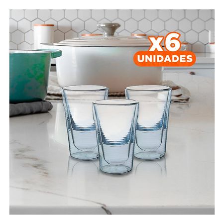 Pack6 Taza 260ml Transparente con Estructura Doble Capa de Vidrio Borosilicato Y Papel Regalo