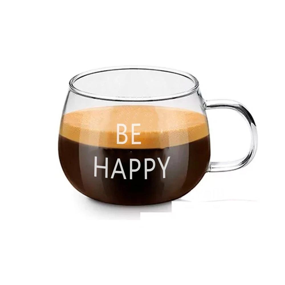 Taza 350 ML en Color Transparente de Vidrio con Frase Be Happy YRegalo Sticker
