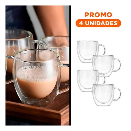 Pack4 Copa de Color Transparente 100 ML Espresso Doble Capa Asa Circular