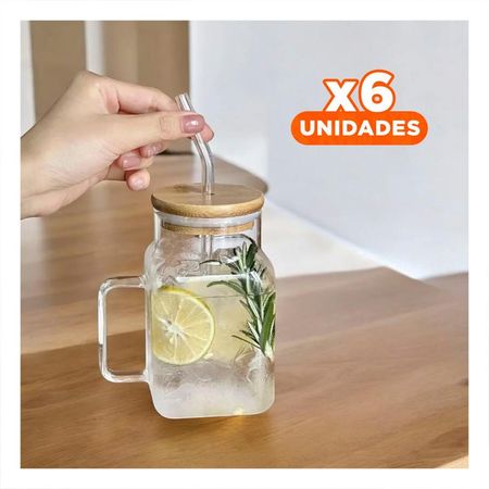 Pack6 Taza Transparente Rectangular 500ml con Asa y Sorbete