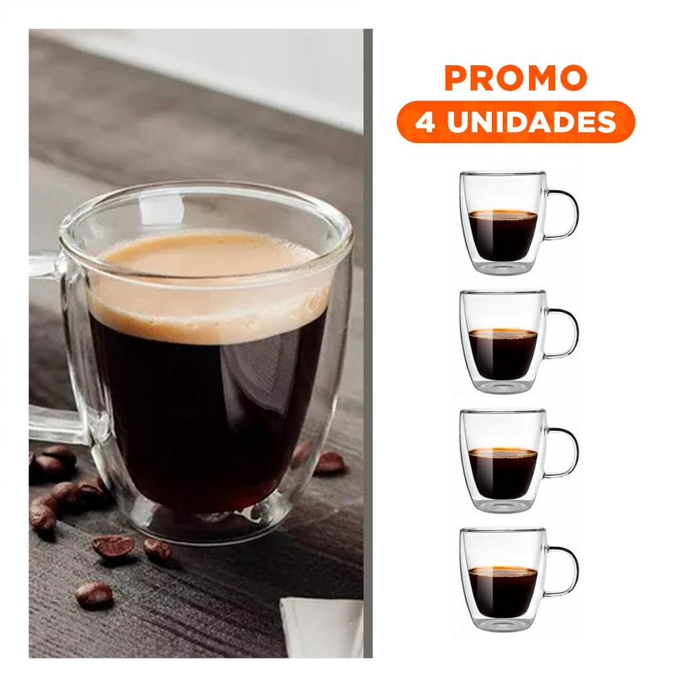 Pack4 Vaso Modelo 320 Mililitros Doble Capa de Vidrio Transparente