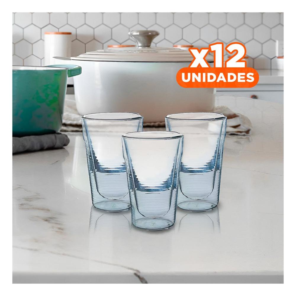 Pack12 Taza de Vidrio Borosilicato Transparente 260ml con Forma Doble Capa Y Regalo Sticker