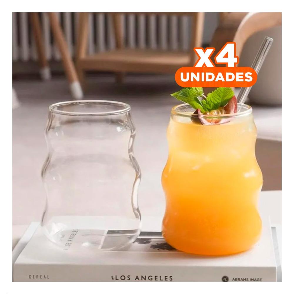 Pack4 Taza de vidrio 500ml tapa y sorbete transparente estilo curvas moderno Y Regalo Sticker