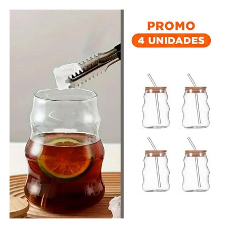 Pack4 Vaso de vidrio 500ml con tapa y sorbete transparente estilo curvas resistente