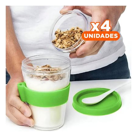 Pack4 Contenedor en Verde Limon para Yogurt y Cereal con Capacidad 350 Ml YPapel Regalo
