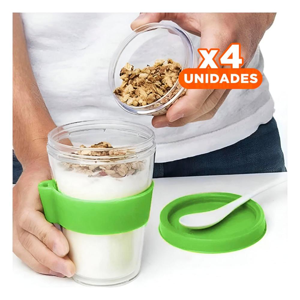 Pack4 Contenedor en Verde Limon para Yogurt y Cereal con Capacidad 350 Ml YPapel Regalo