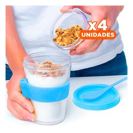 Pack4 Contenedor en Celeste para Yogurt y Cereal con Capacidad 350 Ml YPapel Regalo