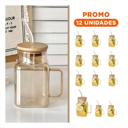 Pack12 Taza Rectangular Transparente con Asa Comoda y Sorbete