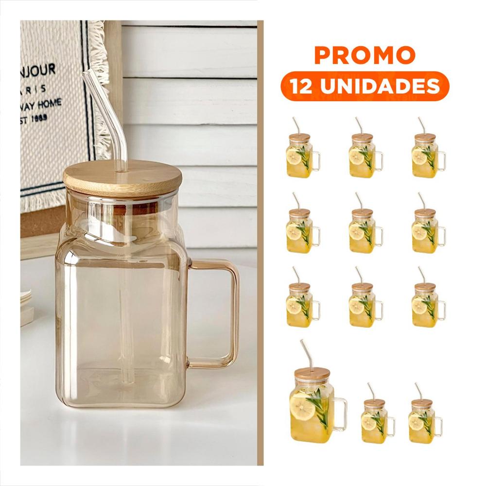 Pack12 Taza Rectangular Transparente con Asa Comoda y Sorbete