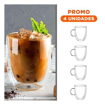 Pack4 Vaso Modelo 300 Mililitros Doble Capa de Vidrio Transparente