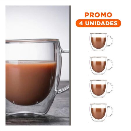 Pack4 Vaso Modelo 290 Mililitros Doble Capa de Vidrio Transparente
