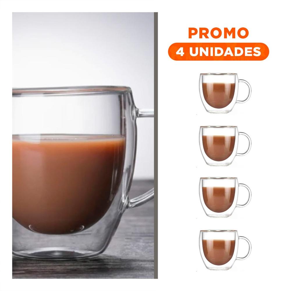 Pack4 Vaso Modelo 290 Mililitros Doble Capa de Vidrio Transparente