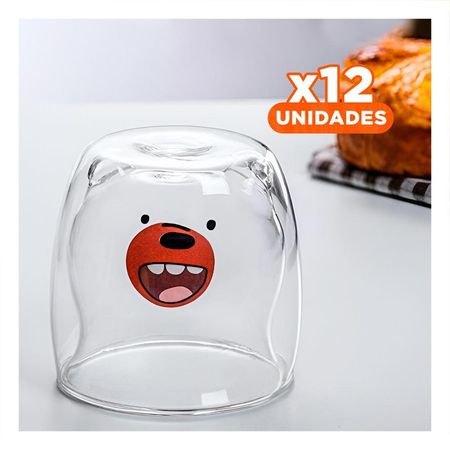 Pack12 Taza de Vidrio Transparente con Oso Pardo con Forma Doble Capa Y Regalo Sticker