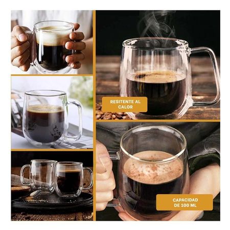Taza con Asa Cuadrada Espresso 100 ML Doble Capa Transparente Y Ligas Regalo