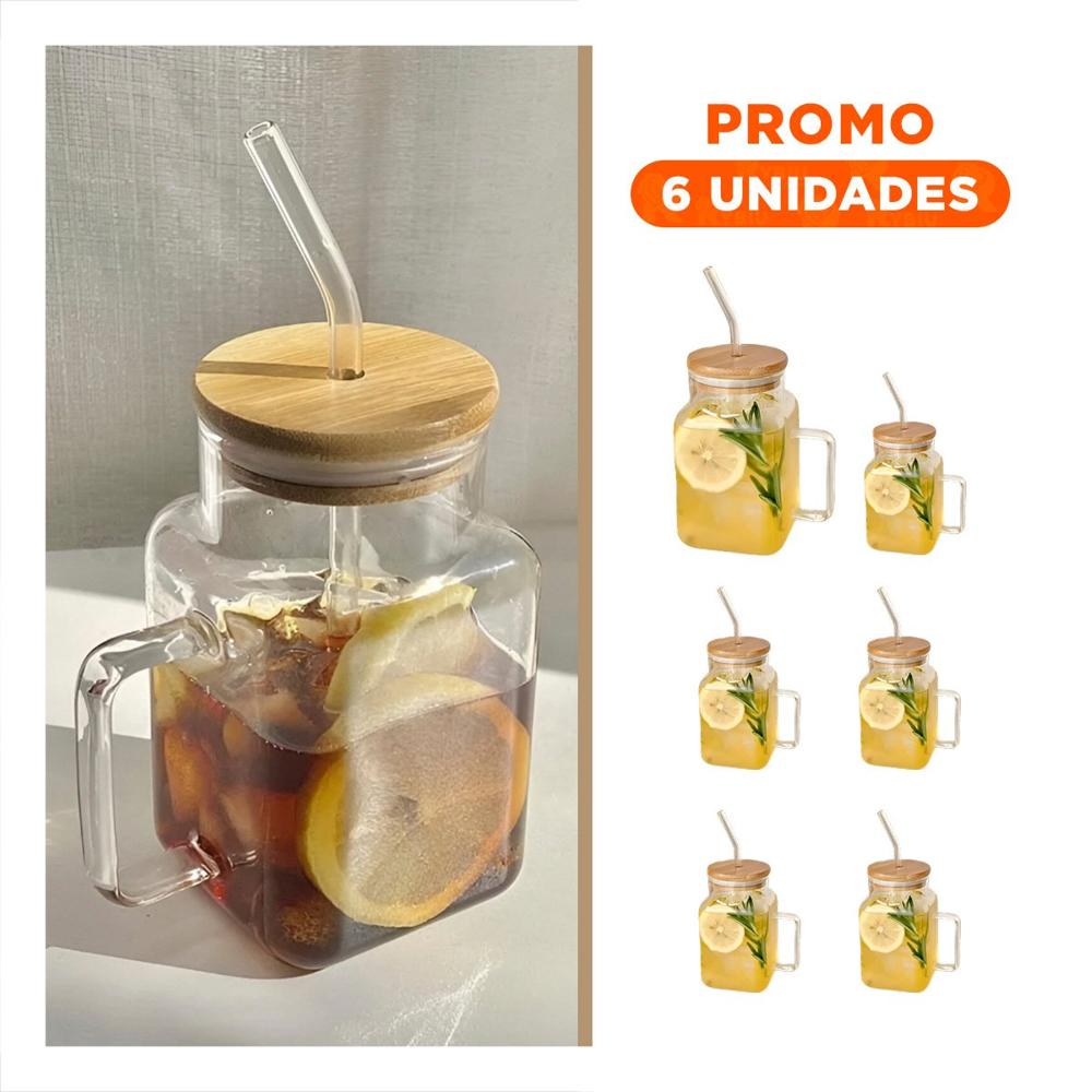 Pack6 Taza Moderna 500ml con Asa de Vidrio y Tapa Ajuste Preciso Y Regalo Sticker