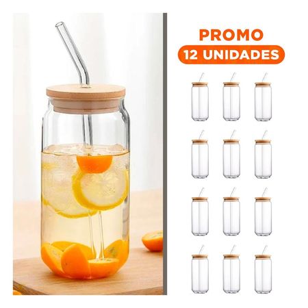 Pack12 Botella transparente de vidrio 500ml con tapa y sorbete recto