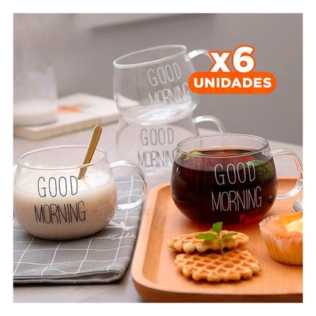 Pack6 Vaso 350 ML de Vidrio en Color Transparente con Mensaje Good Morning Y Papel Regalo