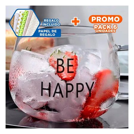Pack6 Vaso 350 ML de Vidrio en Color Transparente con Mensaje Be Happy YPapel Regalo