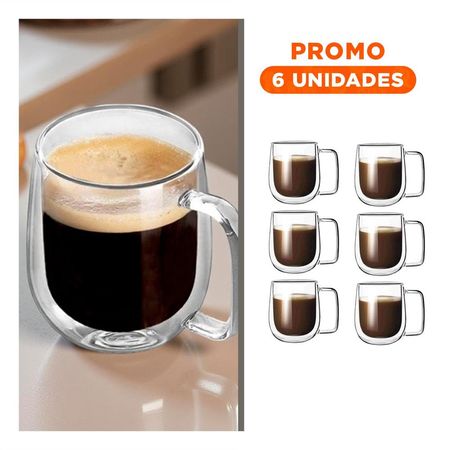 Pack6 Vaso con Espresso Doble Capa 100 ML en Color Transparente Asa Cuadrada y Regalo Sticker