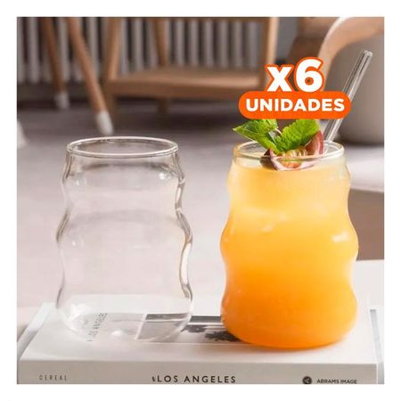 Pack6 Taza de vidrio 500ml tapa y sorbete transparente estilo curvas practico Y Papel Regalo