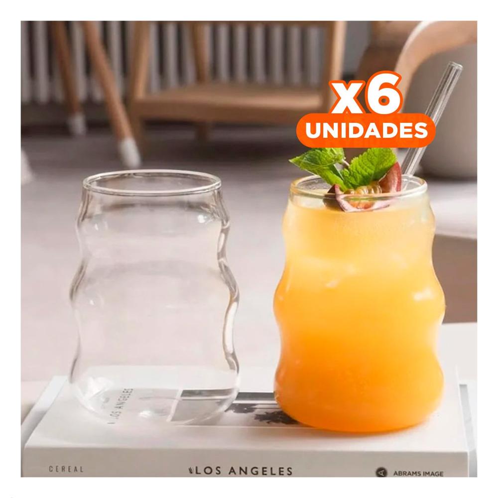 Pack6 Taza de vidrio 500ml tapa y sorbete transparente estilo curvas practico Y Papel Regalo