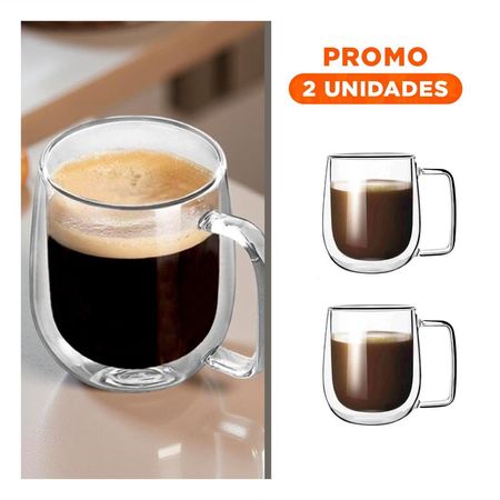 Pack2 Copa Doble Capa 100 ML Espresso Transparente con Asa Cuadrada Y Regalo Sticker
