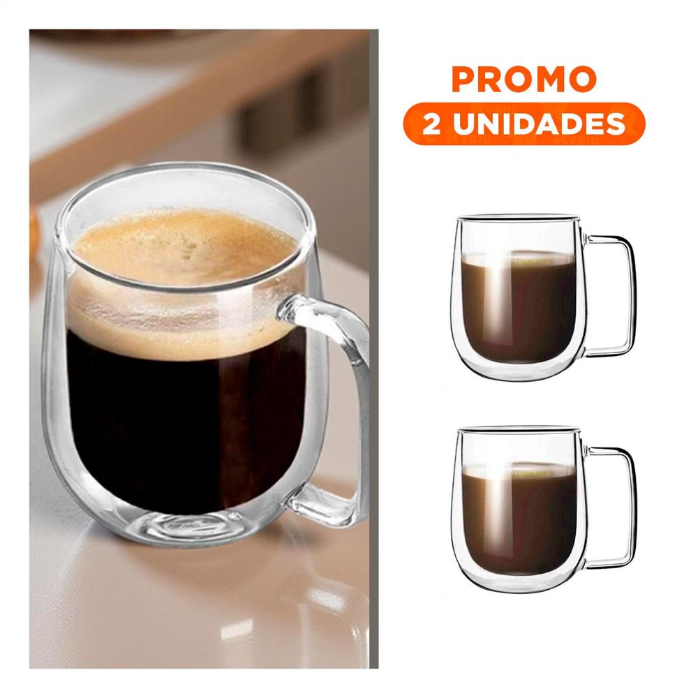 Pack2 Copa Doble Capa 100 ML Espresso Transparente con Asa Cuadrada Y Regalo Sticker