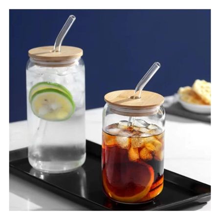 Contenedor de vidrio 500ml con tapa y sorbete transparente estilo recto Y notas