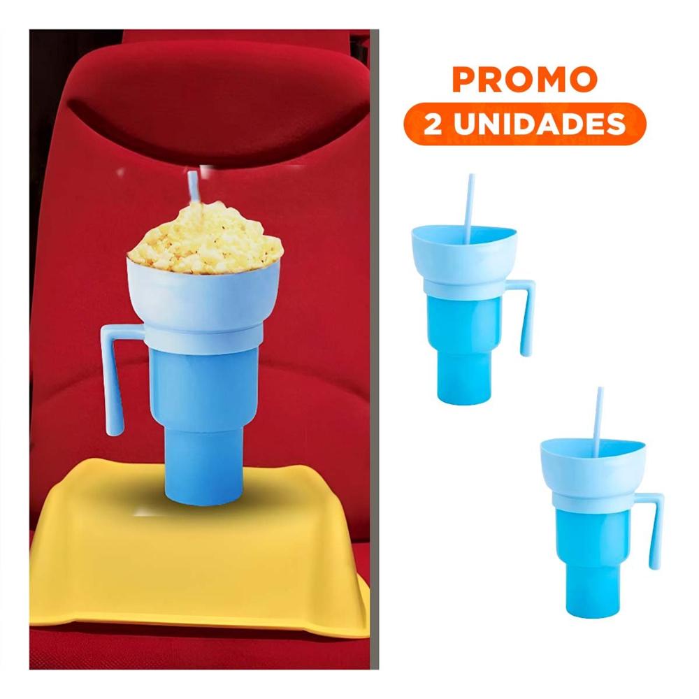 Pack2 Contenedor 2 en 1 para Snacks y Bebidas de ABS Color Celeste Actual YRegalo Sticker